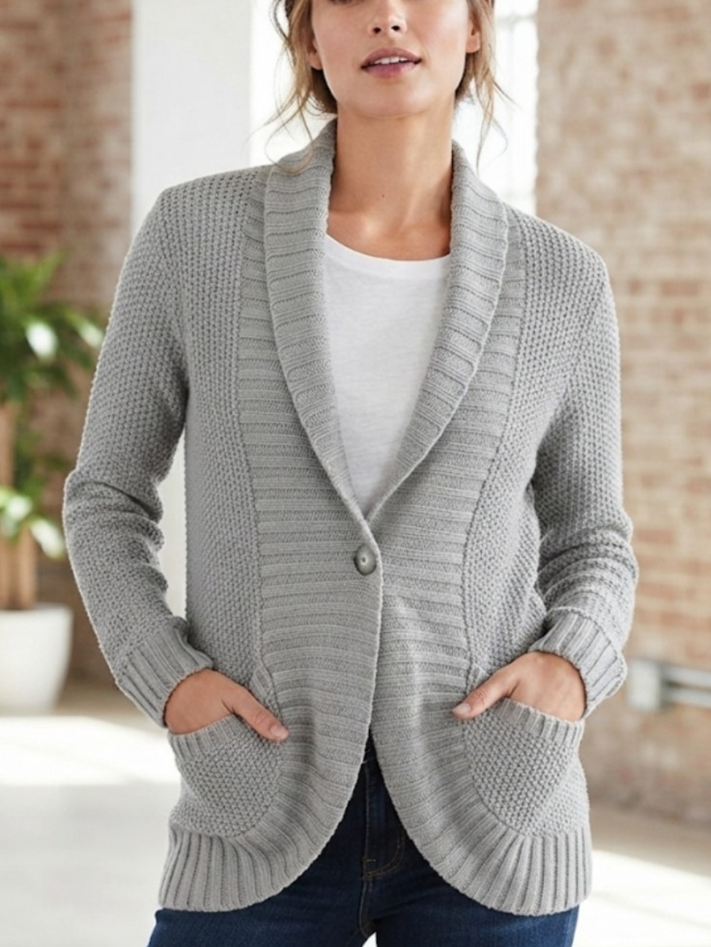 Route 66 Light Gray Shawl Collar Knit Cardigan